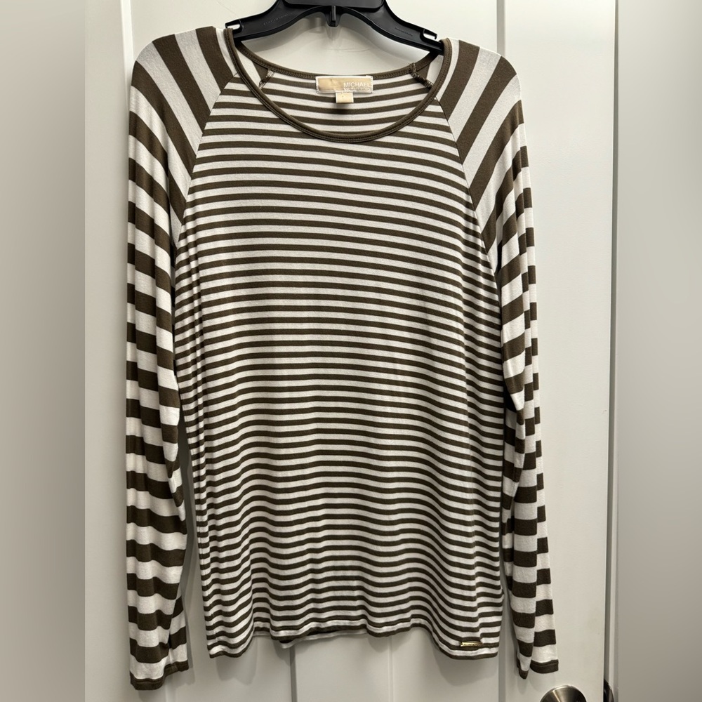 Michael Kors long sleeved brown cream Stripe Sz Large, Very soft